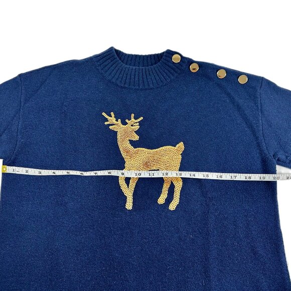 Talbots Sequin Reindeer Mockneck Sweater Blue Gold Buttons M Petite Holiday Look - Picture 7 of 14